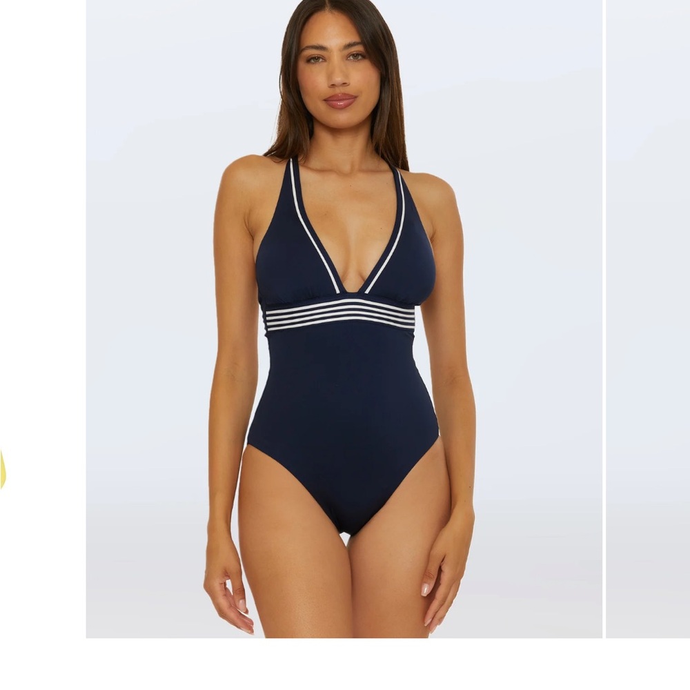 New Trina Turk Navy and White Monaco Pleated Plunge One-Piece Swimsuit - 12